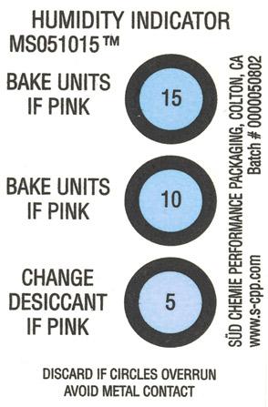 Humidity Indicator MS051015 diagram for circles if they are pink: Bake Units if Pink (15), Bake Units if Pink (10), Change Desiccant if pink (5) "Discard if circles overrun avoid metal contact"